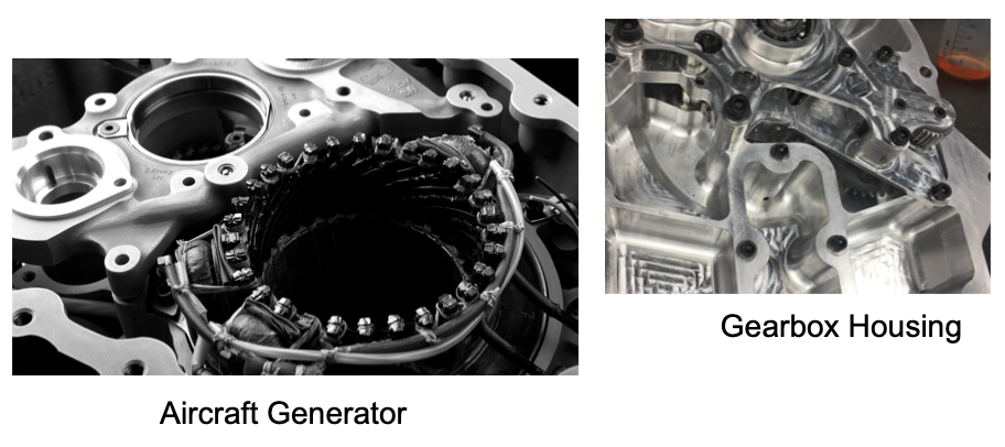 Images of aerospace gearbox housings and electrical generators.